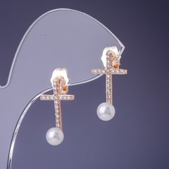 Сережки Xuping Хрестики з перлами "Майорка" 20х12 мм "позолота 18К" купити біжутерію дешево в інтернеті