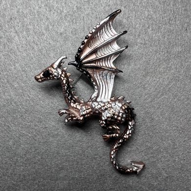 Брошка Дракон матова бронзова та чорна емаль сріблястий метал 42х66мм купити біжутерію дешево в інтернеті