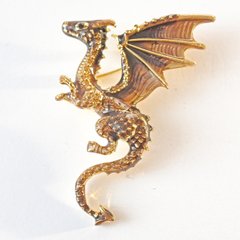 Брошка Дракон золотиста та коричнева емаль, золотистий метал 42х66мм купити біжутерію дешево в інтернеті
