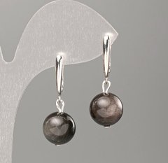 Сережки Сріблястий Обсидіан гладка кулька d-12мм+- L-33мм+- купити біжутерію дешево в інтернеті