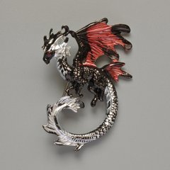 Брошка кулон Дракон бордова,чорна та сіра емаль сріблястий метал 42х58мм купити біжутерію дешево в інтернеті