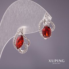 Сережки Xuping асиметрія з каменем колір червоний 18х11мм родій купити біжутерію дешево в інтернеті