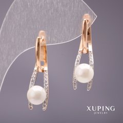 Сережки Xuping з перлами Майорка колір білий 28х8мм позолота 18к купити біжутерію дешево в інтернеті