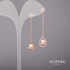 Сережки Xuping з білими каменями та перлами Майорка 10х52мм Позолота 18К купити біжутерію дешево в інтернеті