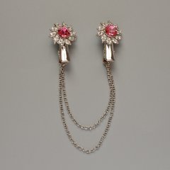 Брошка для кардиганів Квітка білі стрази,рожеві кристали, сряблястий метал 18х25мм, ланцюжок 10 см купити