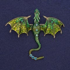 Брошка-кулон "Дракон" зелена емаль з блакитними та зеленими стразами, золотий колір металу 70х63мм +- купити