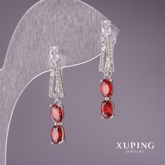 Сережки Xuping з червоними каменями 31х5мм родій купити біжутерію дешево в інтернеті