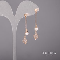 Сережки Xuping з білими каменями та перлами Майорка 10х46мм Позолота 18К купити біжутерію дешево в інтернеті