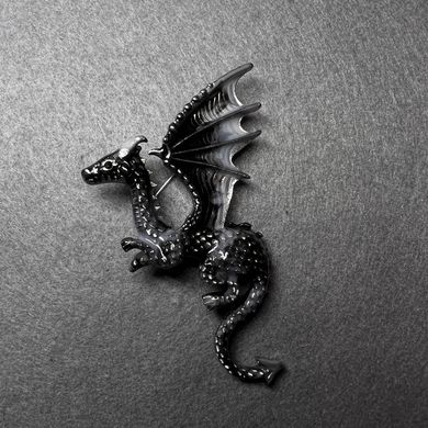 Брошка Дракон сіра та чорна емаль сріблястий метал 42х66мм купити біжутерію дешево в інтернеті