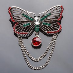 Брошка з ланцюжком Метелик червоні і зелені стрази 6,5х3,5 см купити біжутерію дешево в інтернеті