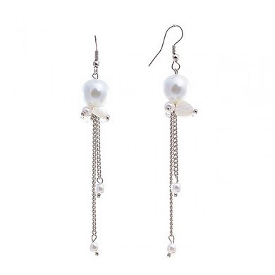 Сережки підвіски з білим перлами і кольоровими намистинами на ланцюжках, метал під срібло, 80мм купити