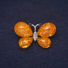 Брошка бурштинова Метелик (іміт) 38х24мм колір жовтий метал сріблястий купити біжутерію дешево в інтернеті