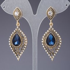 Сережки з синіми кристалами серія "Східна казка" колір "античне золото" L-6см купити біжутерію дешево в