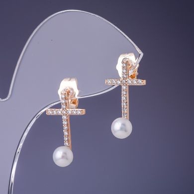 Сережки Xuping Хрестики з перлами "Майорка" 20х12 мм "позолота 18К" купити біжутерію дешево в інтернеті