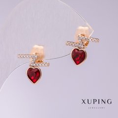 Сережки Xuping пусети кульчики з червоними каменеми Серця 12х11мм позолота купити біжутерію дешево в інтернеті