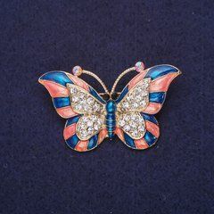 Брошка Метелик білі стрази емаль колір синій кораловий 46х28мм жовтий метал