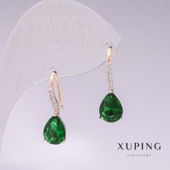 Сережки Xuping позолота 18к, родій із зеленими каменями та білими стразами 21х7мм купити біжутерію дешево в