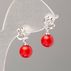 Сережки Xuping з червоними перлами "Майорка" та білими стразами d-8мм "родій" купити біжутерію дешево в