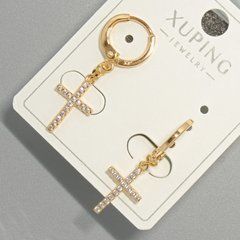 Сережки "Хрест" Xuping з білими стразами d-9х15мм+- L-30мм+- позолота 18К
