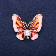 Брошка Метелик з перловою намистиною рожева і червона емаль 30х35мм жовтий метал купити біжутерію дешево в