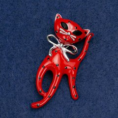 Брошка Котик акрил червоного та чорного кольору, срібний метал 53х25мм купити біжутерію дешево в інтернеті