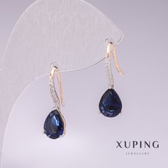 Сережки Xuping позолота 18к, родій з синіми каменями та білими стразами 21х7мм купити біжутерію дешево в