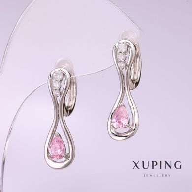 Сережки Xuping з рожевим каменем 25х8мм родій купити біжутерію дешево в інтернеті