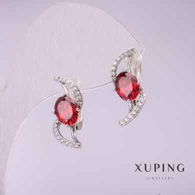Сережки Xuping з червоними каменями 21х8мм родій купити біжутерію дешево в інтернеті