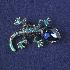 Брошка-кулон Ящірка синя емаль, синій кристал, сині стрази , золотистий метал 31х50мм+- купити біжутерію