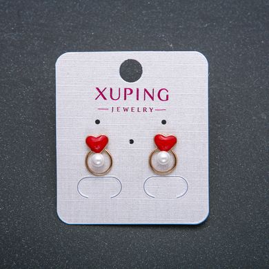 Сережки Серце Xuping Сережки пусети кульчики Позолота 18К з червоною емаллю та білою намистиною d-12х8мм + -