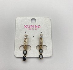 Сережки Xuping з чорним каменем та білими стразами d-4мм L-3см Позолота 18К купити біжутерію дешево в