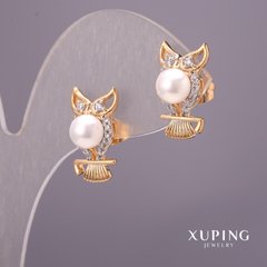 Сережки Xuping з перлами Майорка та білими каменями 9х17мм Позолота 18К купити біжутерію дешево в інтернеті