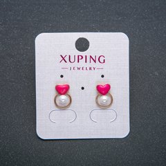 Сережки Серце Xuping Сережки пусети кульчики Позолота 18К з рожевою емаллю та білою намистиною d-12х8мм + -