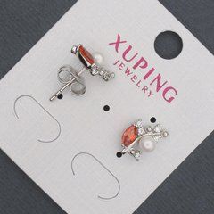 Сережки пусети кульчики Xuping з червоними кристалами та Майоркою d-8х13мм Родій