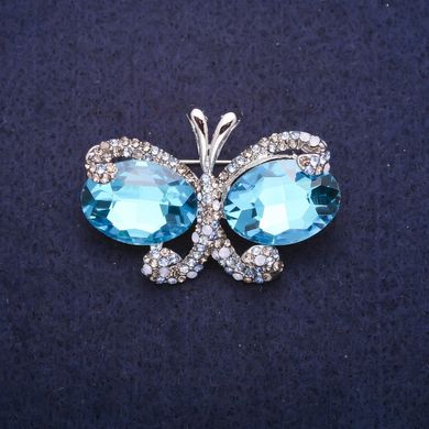 Брошка Метелик з блакитними кристалами, сріблястий метал 26х38мм купити біжутерію дешево в інтернеті