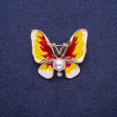 Брошка Метелик з перловою намистиною і емаль 30х35мм жовтий метал купити біжутерію дешево в інтернеті