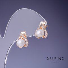Сережки Xuping Серця 12х12мм перлина "Майорка" 6мм "позолота 18К" купити біжутерію дешево в інтернеті