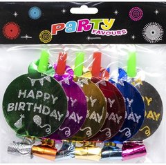 Від 3 шт. Набір карнавальних фольгованих свистків з кругом "Happy birthday"кольорові 6 штук 1698-10 купити