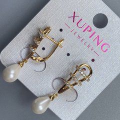Сережки Xuping Позолота 18к з перлиною d-7х9мм та білими стразами L-32мм + -