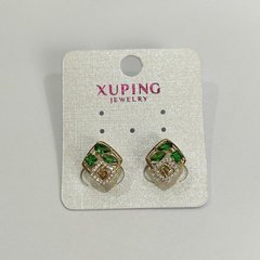 Сережки Xuping Позолота 18К з зеленими каменями та білими стразами 13х12мм + - купити біжутерію дешево в