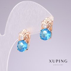 Сережки Xuping позолота 18к з блакитним камінням та білими стразами 8х16мм купити біжутерію дешево в інтернеті