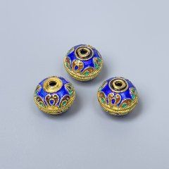 Фурнітура намистина Клуазоне синя емаль d-10х9мм+- отвір d-1,8мм золотистий колір металу 1 шт.
