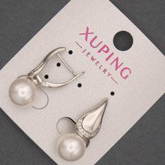 Сережки Xuping родій з перлиною d-10мм та білими стразами L-25мм + -