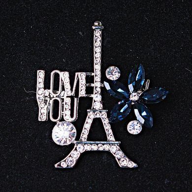 Брошка Париж сріблястий метал стрази і сині кристали 40х35мм + - купити біжутерію дешево в інтернеті