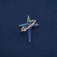 Брошь-кулон Звезда в овальном кольце золотистый металл с белыми стразами и в синей, бирюзовой эмали 45х33мм +-