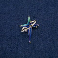 Брошка-кулон Зірка в овальному кільці золотистий метал з білими стразами і в синій, бірюзової емалі 45х33мм + -