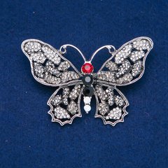 Брошка Метелик срібний метал, сірі, білі і червоні стрази 50х70мм + - купити біжутерію дешево в інтернеті