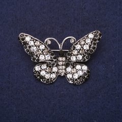 Брошка Метелик стрази колір білий чорний сірий 47х29мм сріблястий метал купити біжутерію дешево в інтернеті