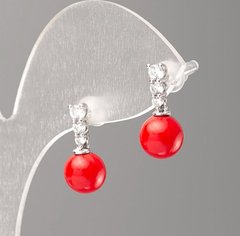 Сережки Xuping з червоними перлами "Майорка" та білими стразами d-8мм "родій" купити біжутерію дешево в