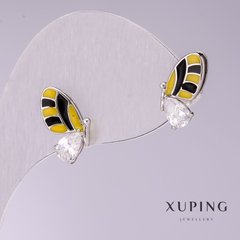 Сережки Xuping Метелики жовта і чорна емаль, з білими каменями 14х8мм родій купити біжутерію дешево в